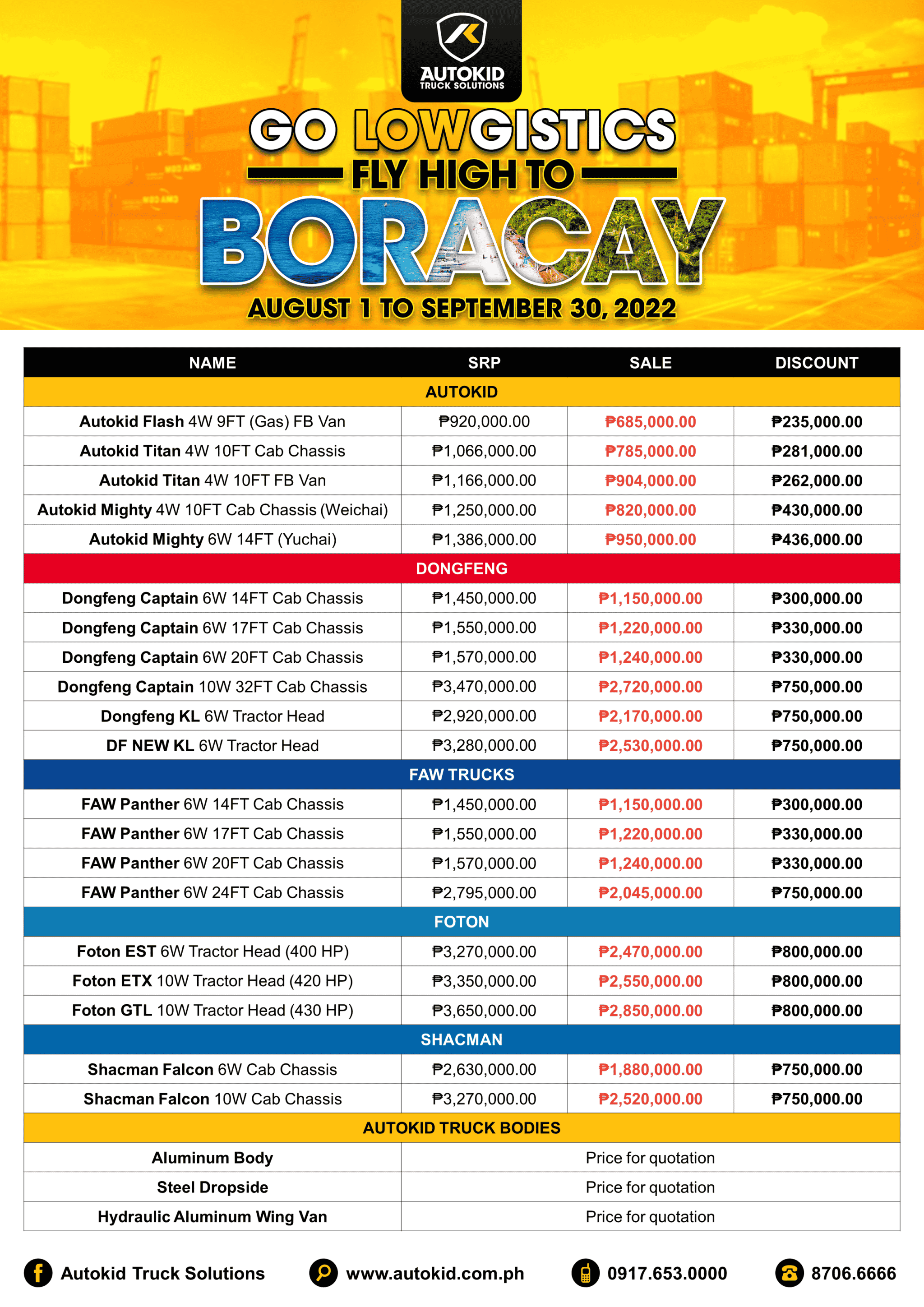 Get as much as P800k off logistics trucks and win a trip to Boracay in Autokid's Go LOWgistics, Fly High to Boracay promo.